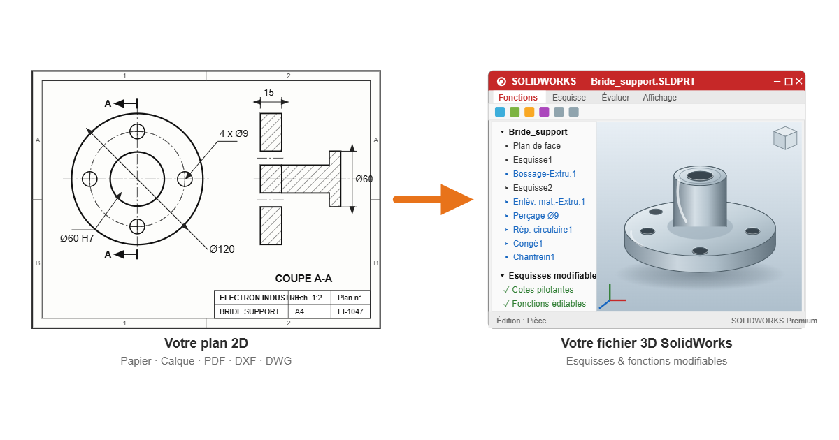 Plan 2D coté converti en fichier CAO 3D SolidWorks